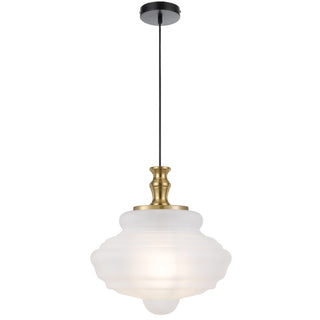 Pendant light with white glass shade and brass fixture on a white background