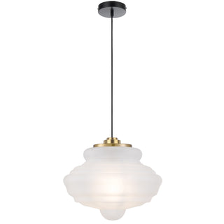 Pendant light with white glass shade and gold accents on a white background