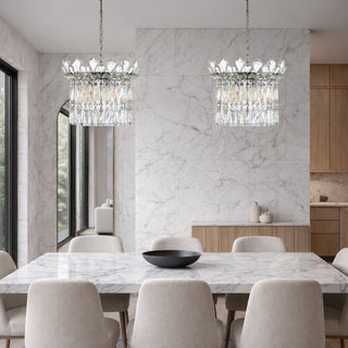 Chrome Virell crystal pendant lighting in modern dining room setting