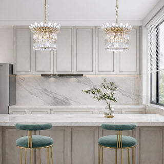 Telbix Virell 6 Light crystal pendant in gold finish hanging above kitchen island