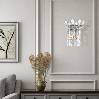 Chrome Virell crystal wall light installed in elegant living room interior