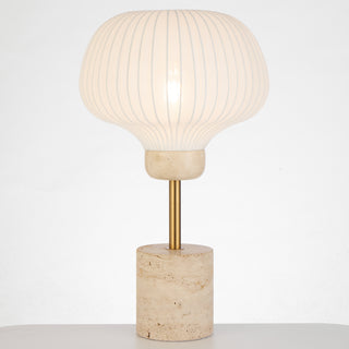 Telbix Vibor Table lamp with ribbed white shade and beige marble base on a white background