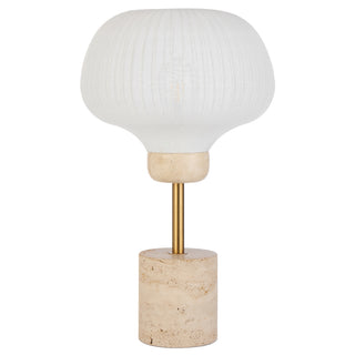 Telbix Vibor Table lamp with a textured white shade and beige base on a white background