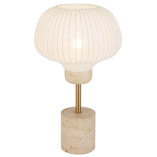 Telbix Vibor Table lamp with a ribbed white shade and marble base on a white background