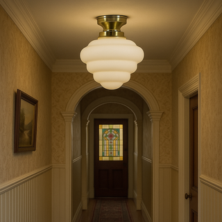  hallway with a vintage-style light fixture, ornate door, and stained glass window.