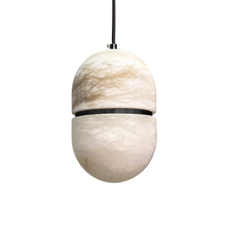 Pendant light with marble-like design on a white background
