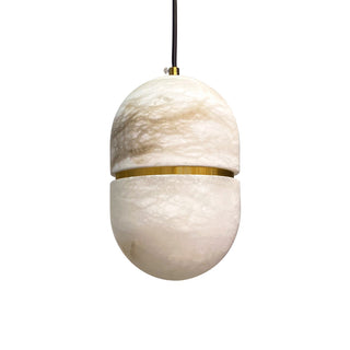 Decorative pendant light with marble-like texture and gold accent on a white background
