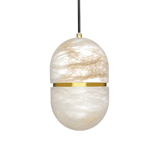 Decorative pendant light with marble-like texture and gold accent on a white background