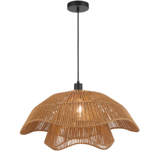 Woven pendant light with black fixture on a white background
