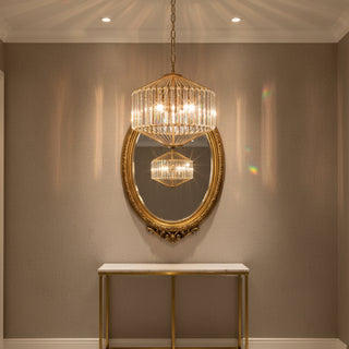 Cougar Lighting Arzano small 3-light gold pendant in appartment entry foyer