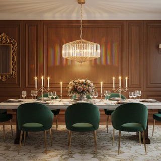 Cougar Lighting Arzano large 5-light gold crystal pendant installed in a dining room