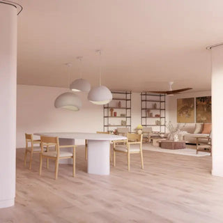 Calibo Cardinal Wabi Sabi Pendant Lights Installed Above Dining Table Japandi Interior – Davoluce Lighting