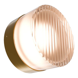 Round wall light fixture with gold frame and ribbed glass cover on a white background