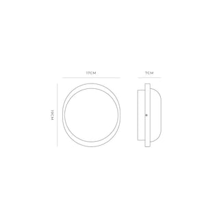 Bode Round Wall/Ceiling Light technical drawing showing 19cm height, 17cm width and 7cm projection