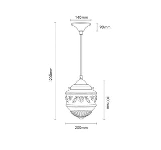 Line drawing of a pendant light with dimensions labeled