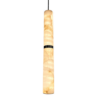 Cylindrical pendant light with marble-like texture on a white background