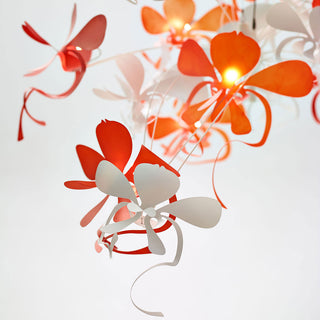Decorative ceiling light fixture with red and white floral designs on a white background