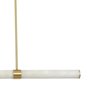 Modern pendant light with gold frame and white cylindrical shade on a white background