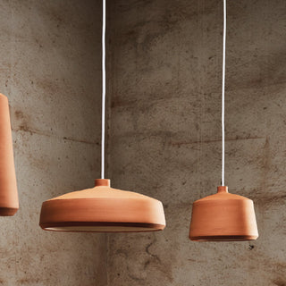 Flame Spanish handmade pendant lights, clay pendant lights By Pott from Davoluce Lighting. Terracotta pendant lights on display at Davoluce Lighting Showroom in Melbourne. Designed and made in Spain by Miguel Ángel García Belmonte.