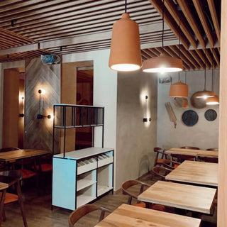 Flame Spanish handmade pendant lights, clay pendant lights By Pott from Davoluce Lighting. Terracotta pendant lights on display at Davoluce Lighting Showroom in Melbourne. Designed and made in Spain by Miguel Ángel García Belmonte.