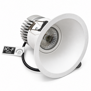 Angled view of Telbix Elia 105 white LED downlight and silver heat sink