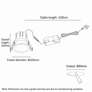 Elia 105 dimension drawing showing 105mm diameter, 100mm height and 90mm cutout