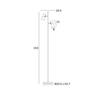 Technical dimension diagram of a floor lamp with a slim pole, two adjustable spotlights, and base measurements on a white background.