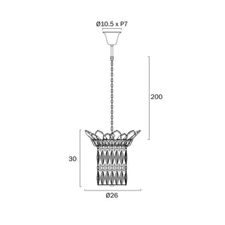 Technical drawing of a decorative pendant light with dimensions on a white background