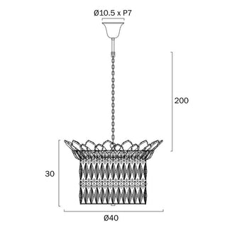 Technical drawing of a pendant light fixture with dimensions on a white background